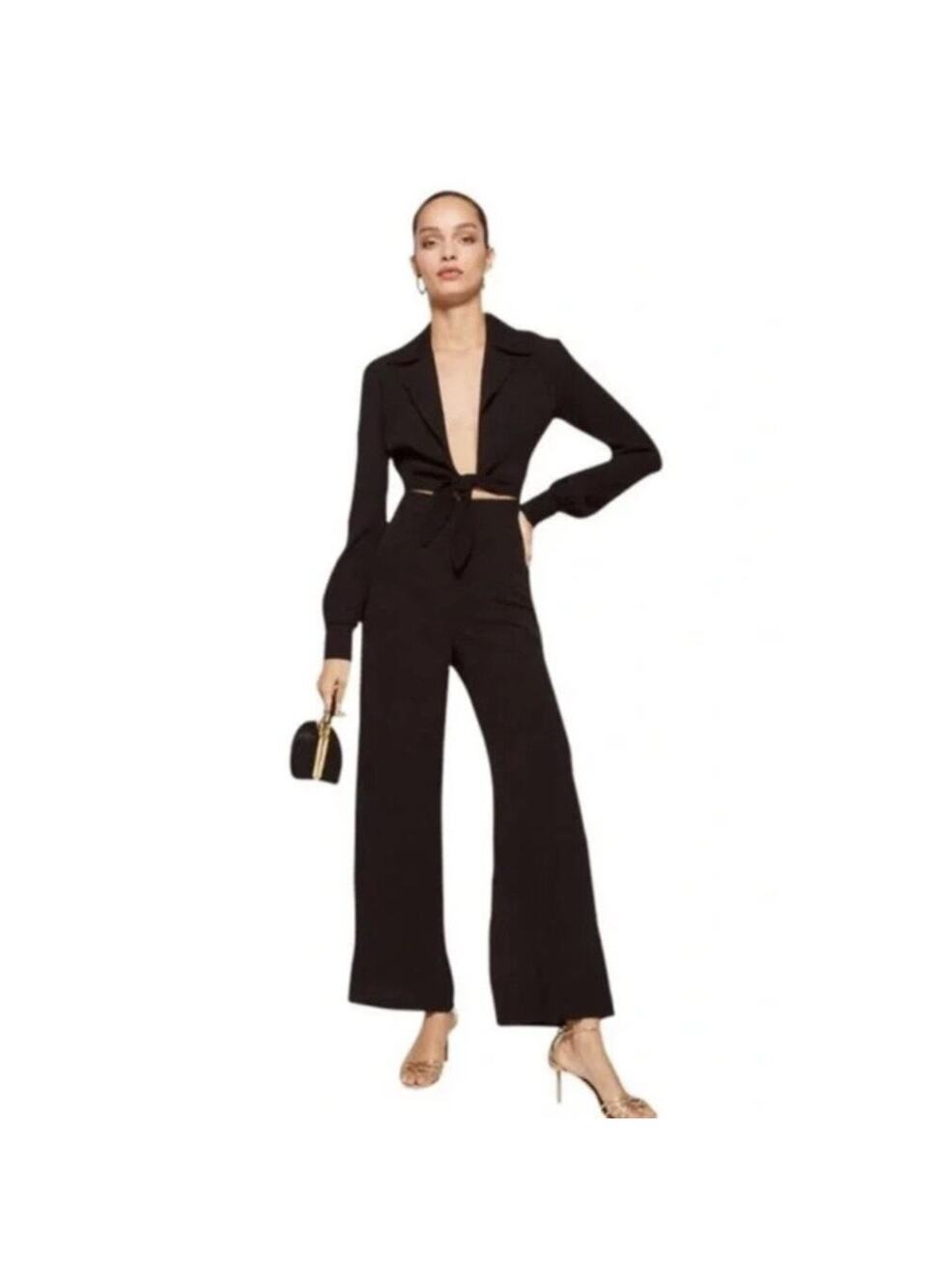 Reformation Jett Cut Out Tie Front Jumpsuit Black Size 2 Long Sleeves